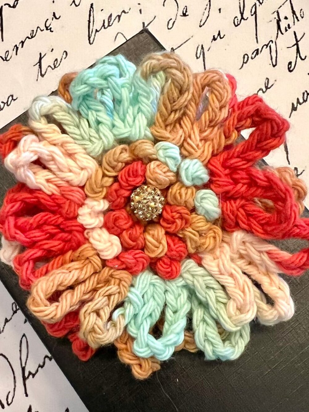 Colorful LOOPY FLOWER Hand Crochet BROOCH/KEYCHAIN/BAG CHARM w/Rhinestone Center